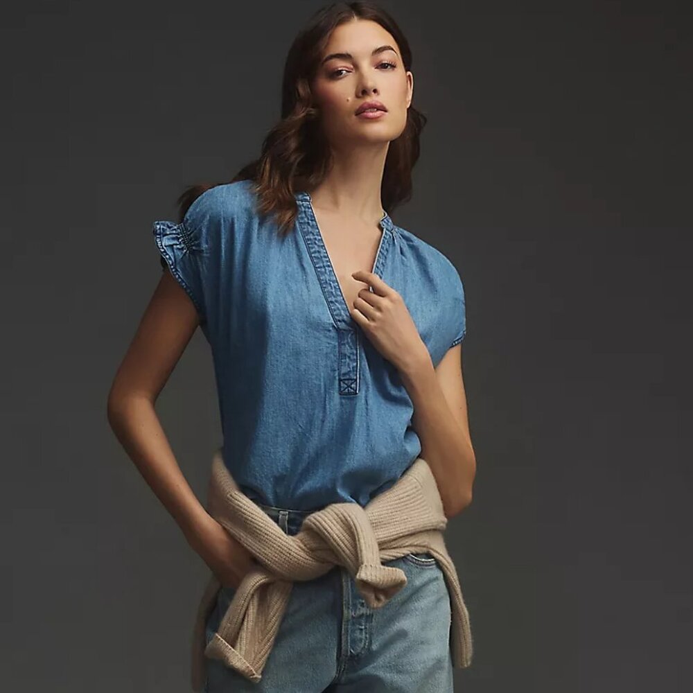 Anthropologie Pilcro The Tatum Flutter Henley Blouse Denim Edition (XS)